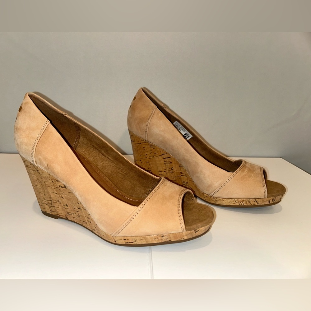 Toms Nude Suede Peep-Toe Cork Wedge Heels